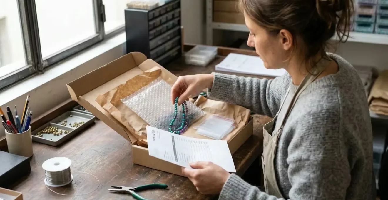 Artisan bijoutier vérifiant le contenu d'un colis de pierres fines reçu de son fournisseur