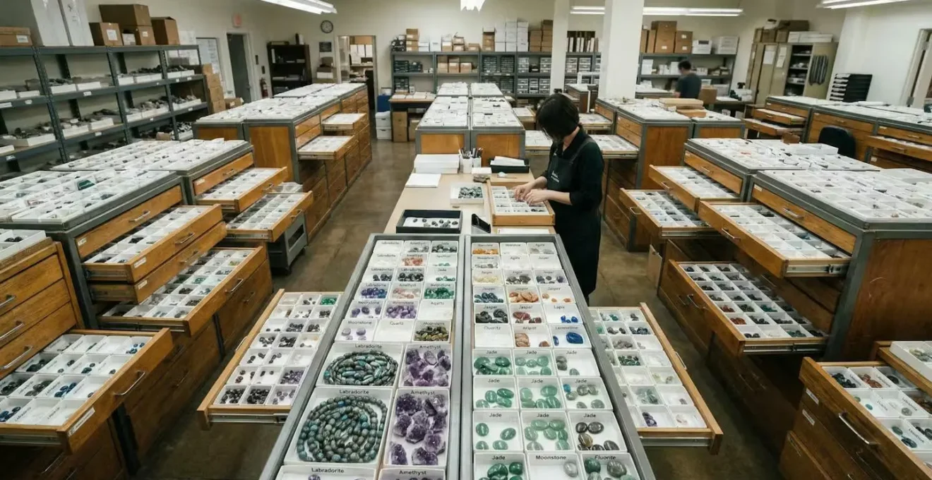 Rayonnages de tiroirs contenant des pierres fines triées par variété dans un showroom professionnel